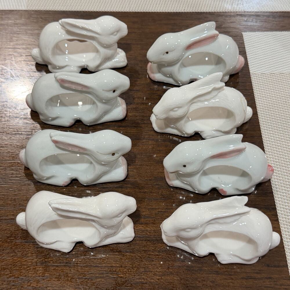 Vintage Shafford Porcelain BUNNY RABBIT Napkin Rings EASTER Spring Set Of 8